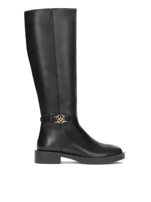 Kazar Czarne skórzane kozaki damskie z metalowym monogramem| Kozaki I Muszkieterki|Wszystkie Buty